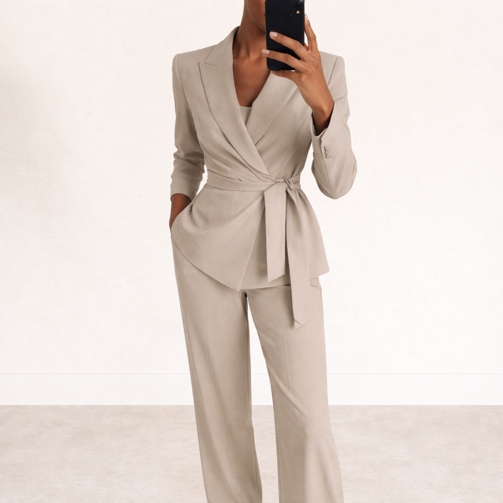 Morgan | Women's V Neck Waist-Tie Wide Leg Two Piece Suit