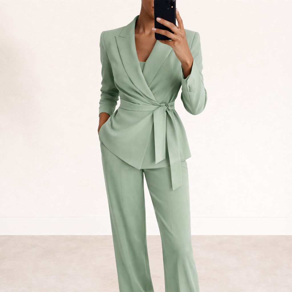 Morgan | Women's V Neck Waist-Tie Wide Leg Two Piece Suit