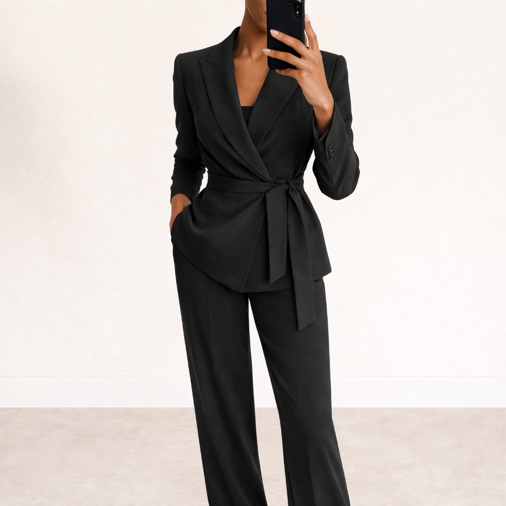 Morgan | Women's V Neck Waist-Tie Wide Leg Two Piece Suit