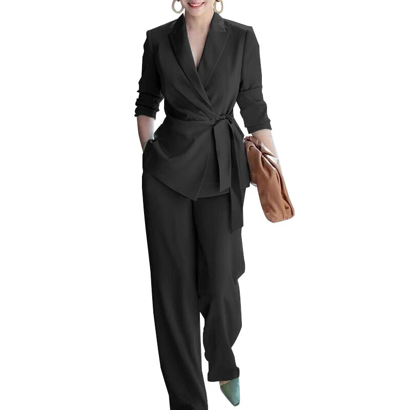 Morgan | Women's V Neck Waist-Tie Wide Leg Two Piece Suit