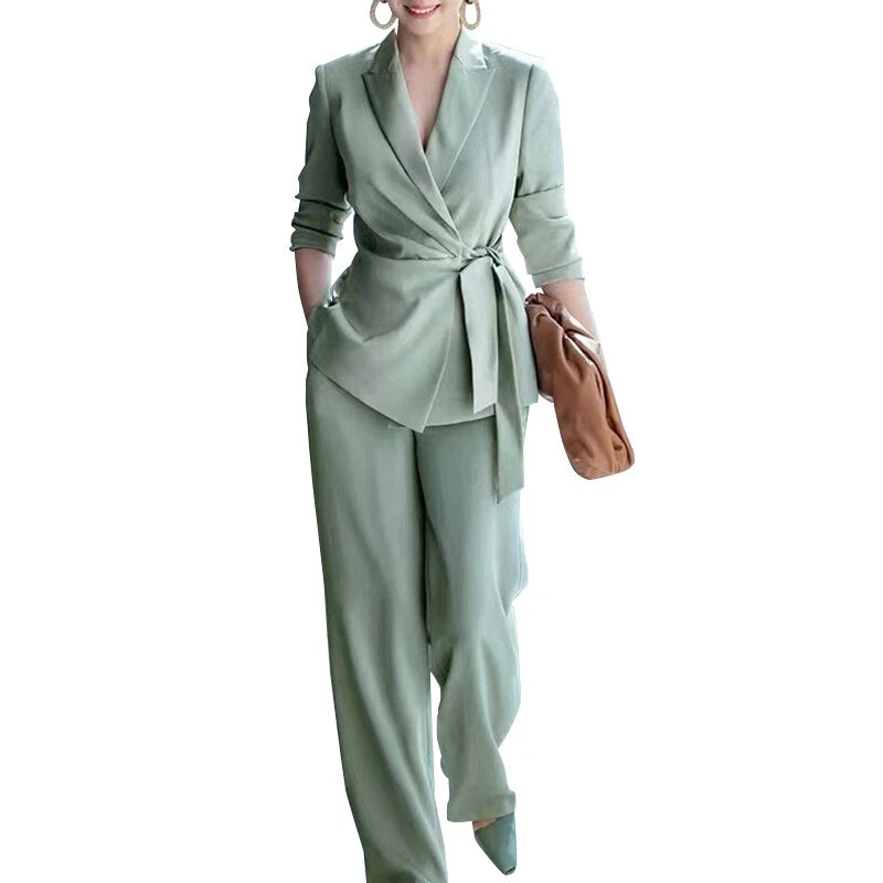 Morgan | Women's V Neck Waist-Tie Wide Leg Two Piece Suit