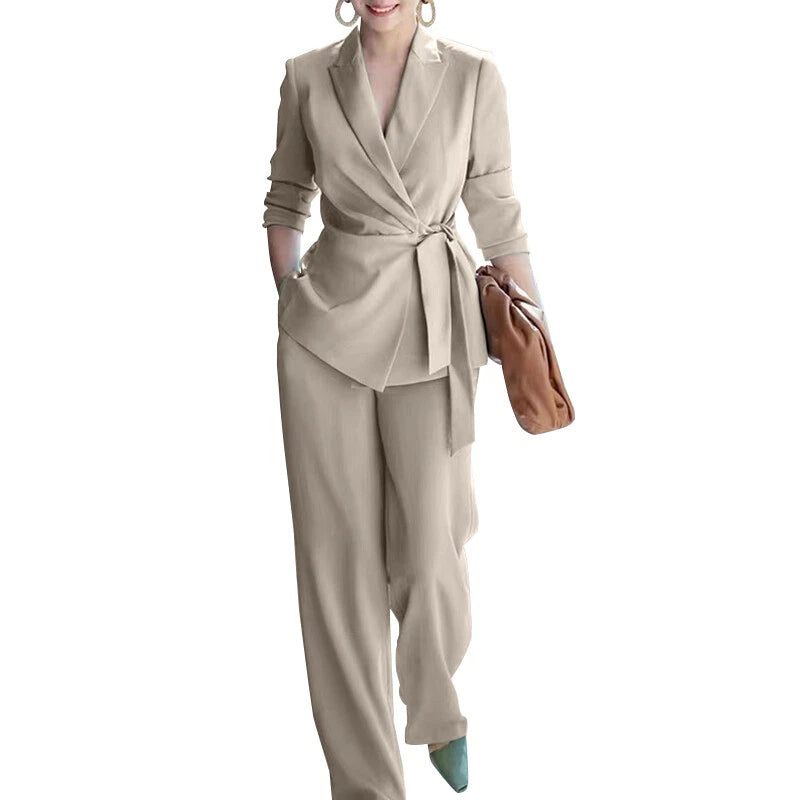 Morgan | Women's V Neck Waist-Tie Wide Leg Two Piece Suit