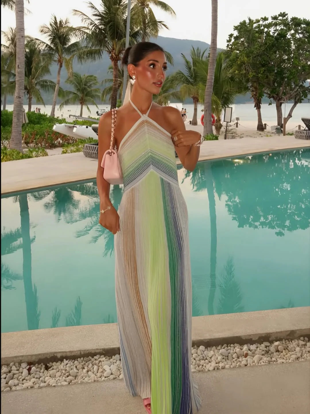 Morwenna | Women’s Striped Halter Neck Backless Maxi Dress