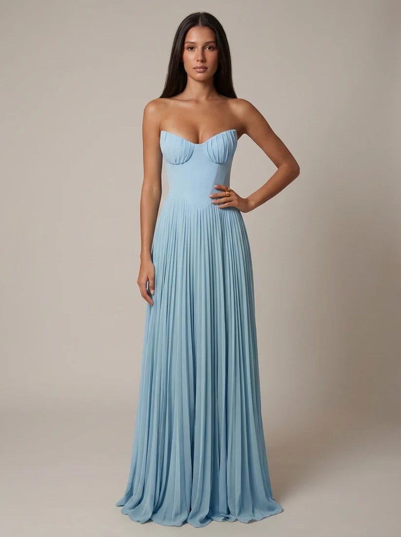 Norah | Women's Pleated Sweetheart Neck Sleeveless Maxi Dress