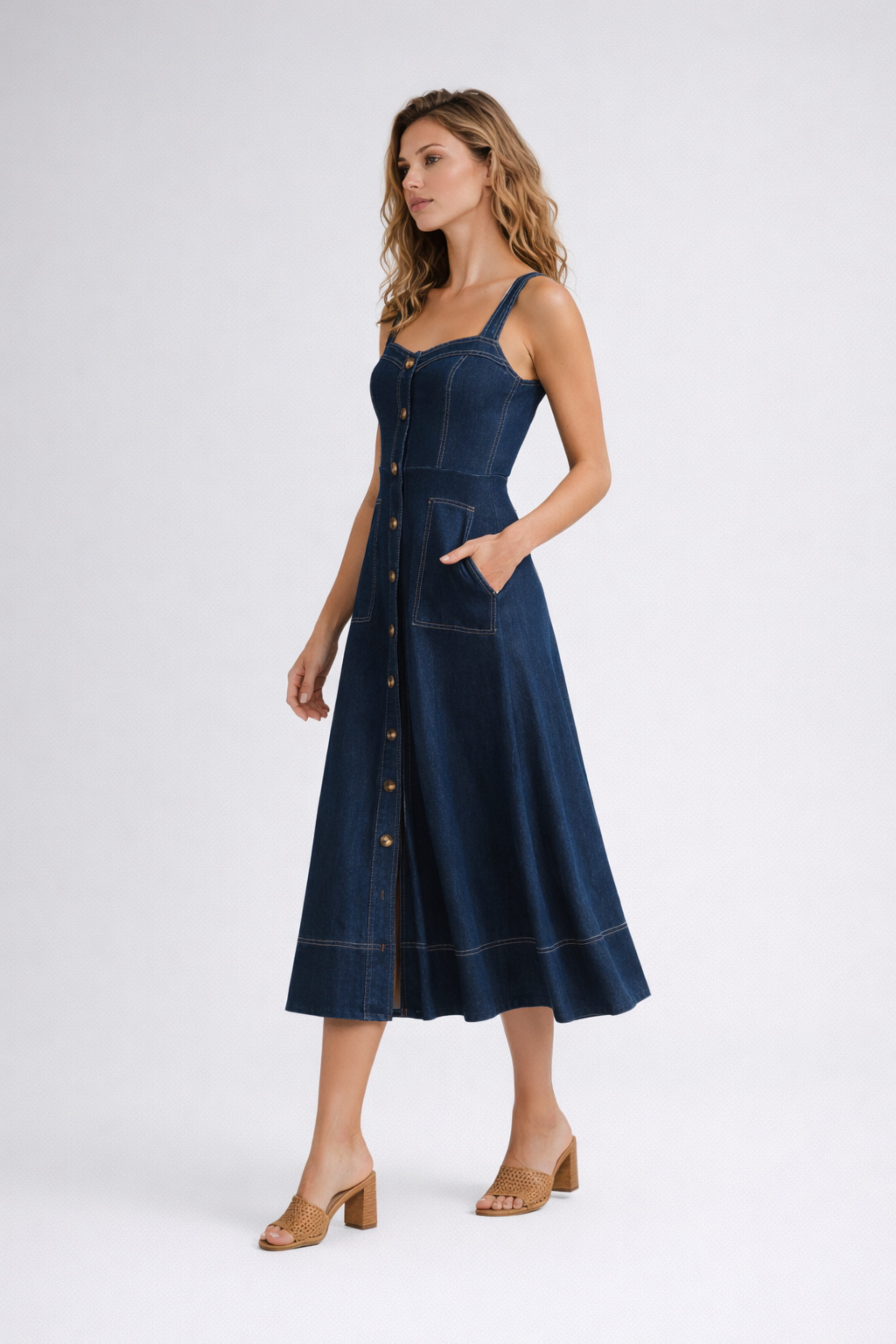 Norma | Women's Strappy Sweetheart Neck Sleeveless Denim Midi Dress