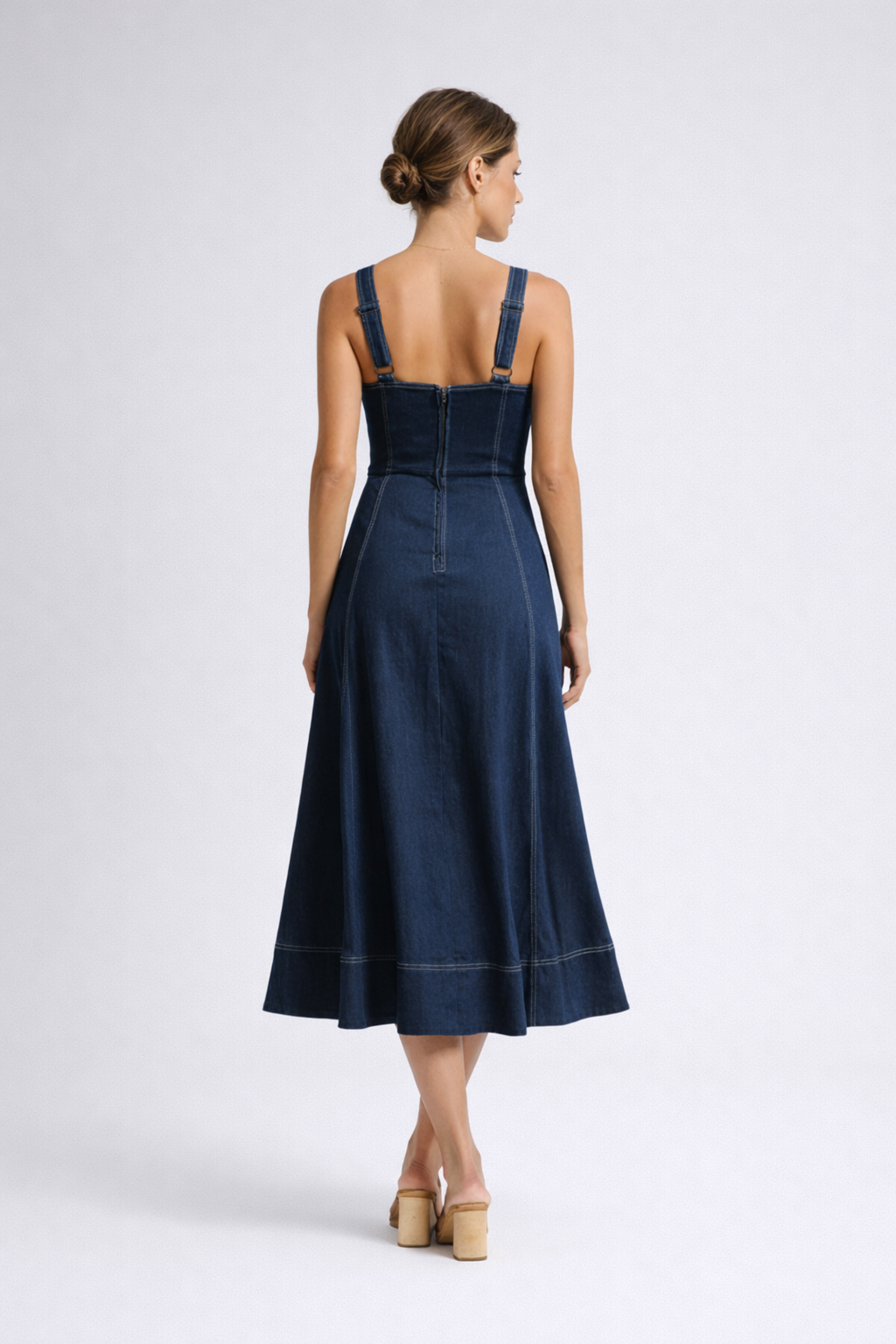 Norma | Women's Strappy Sweetheart Neck Sleeveless Denim Midi Dress