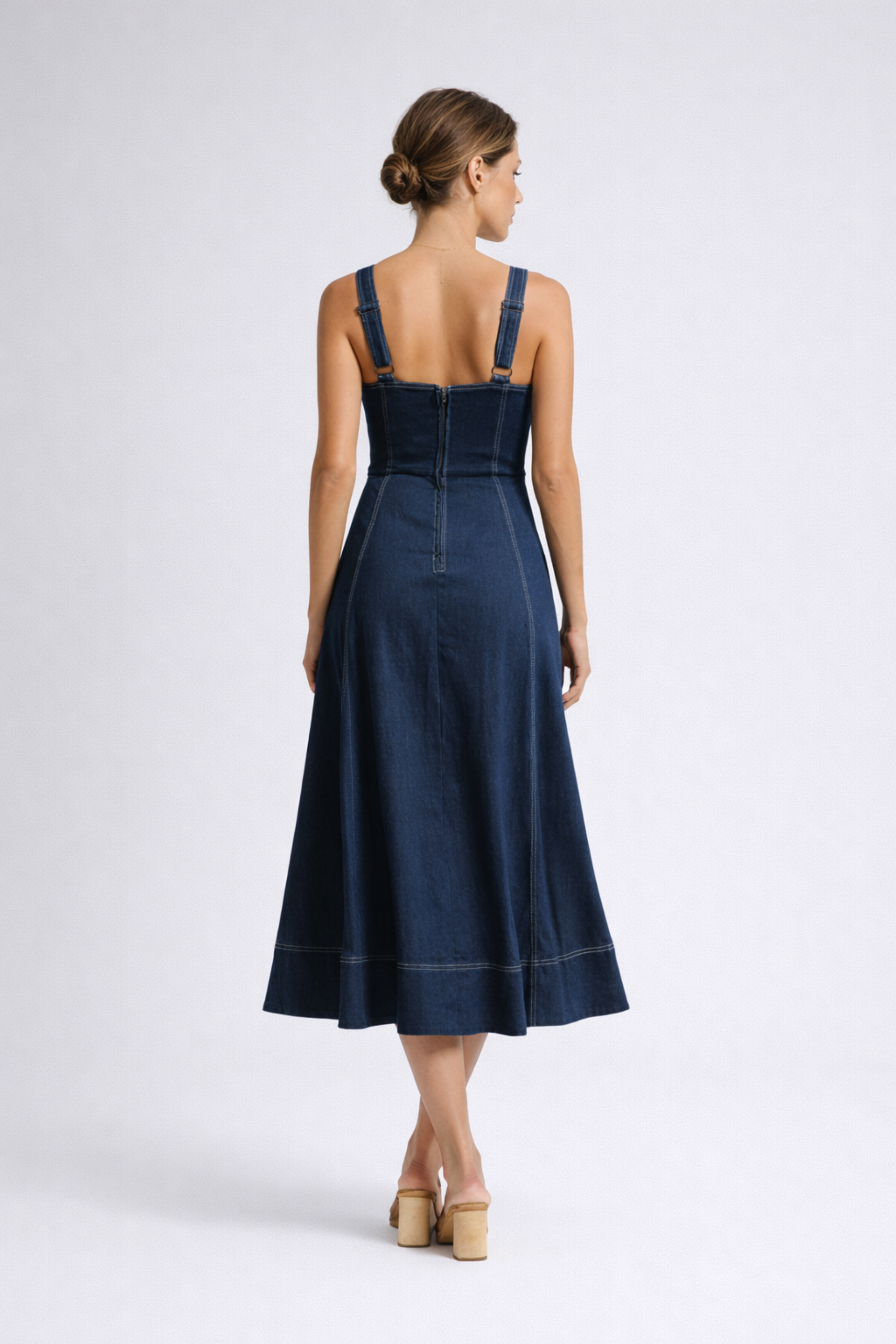 Norma | Women's Strappy Sweetheart Neck Sleeveless Denim Midi Dress