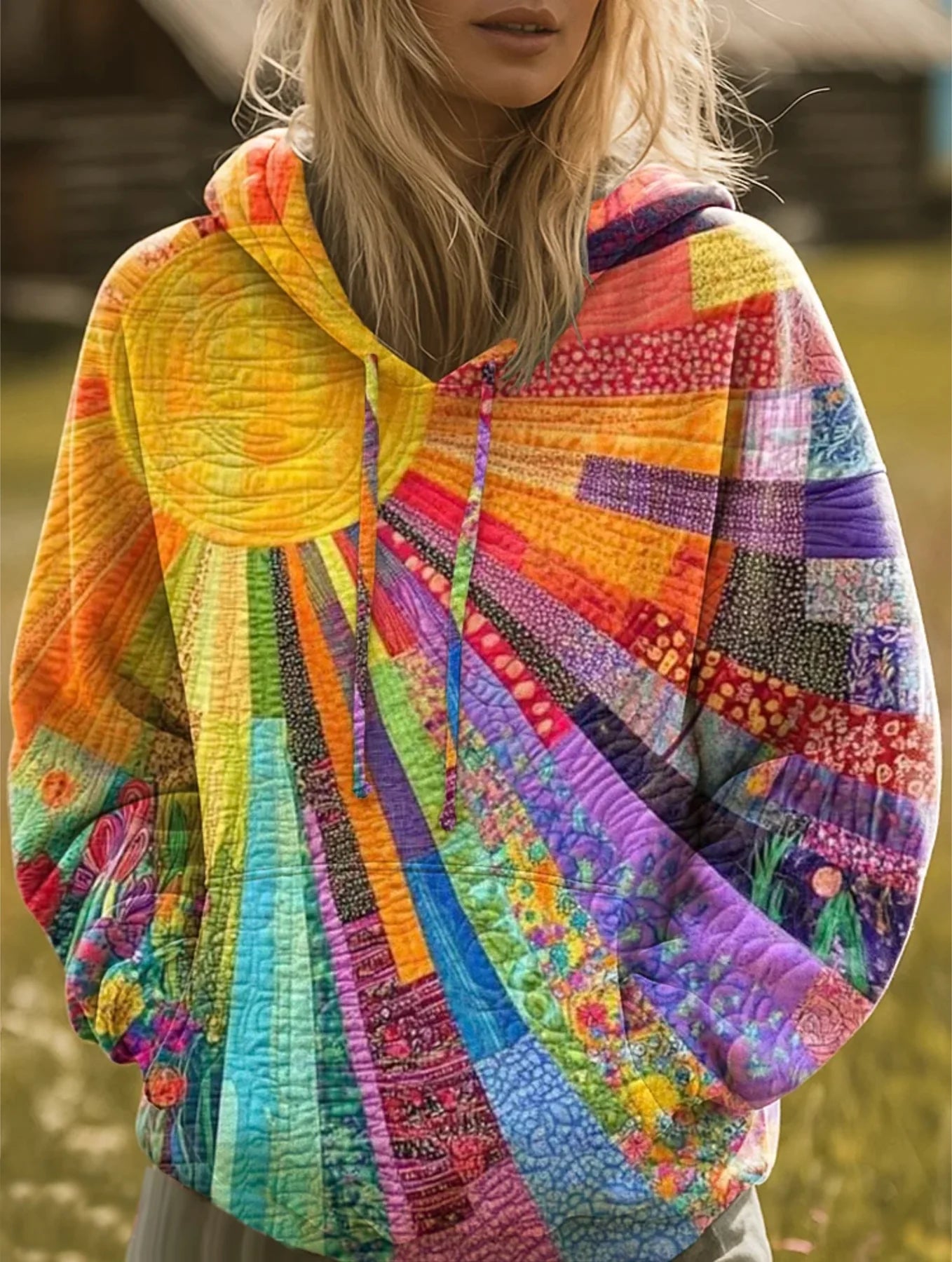 Odette | Women’s Drawstring Sunburst Print Long Sleeve Hoodie