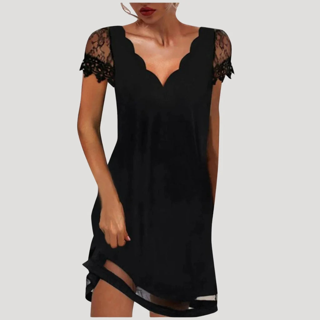 Olivia | Women’s Scalloped V Neck Black Short Sleeve Dress
