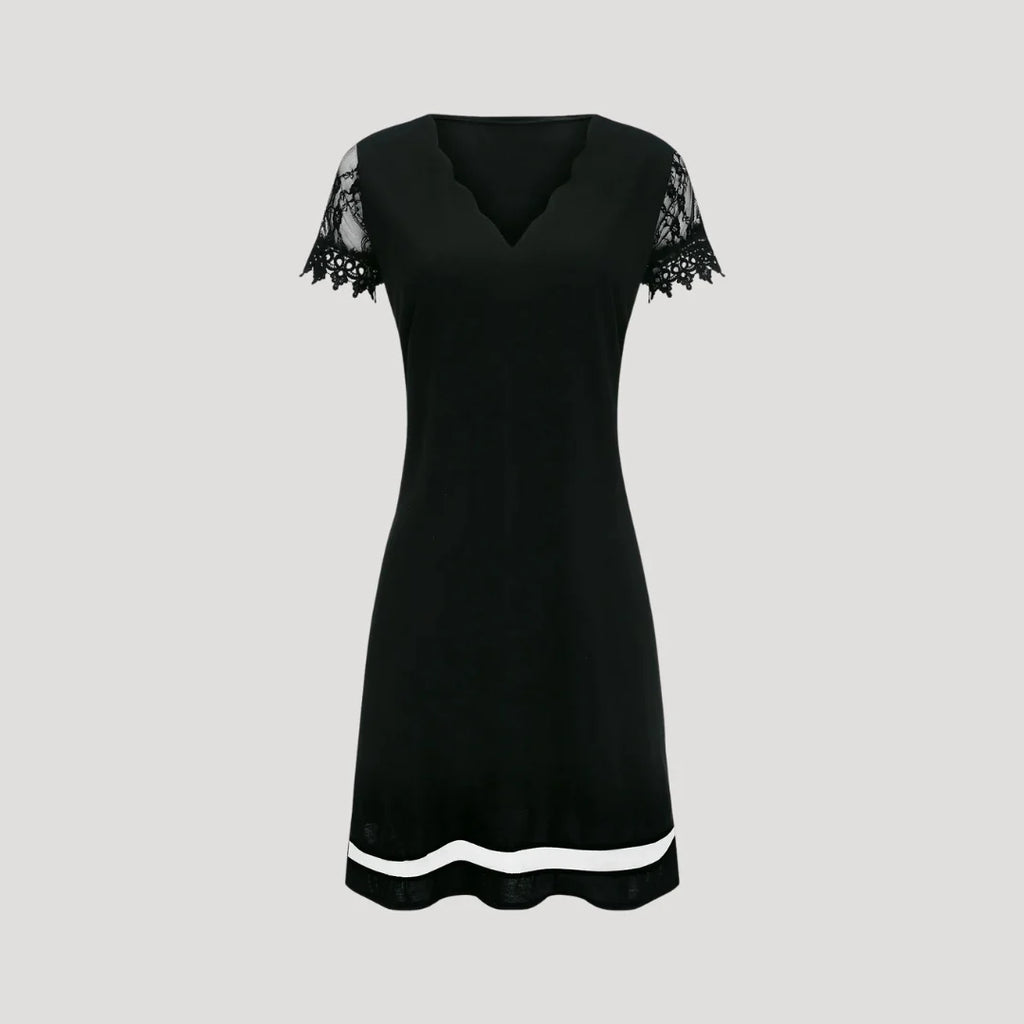Olivia | Women’s Scalloped V Neck Black Short Sleeve Dress