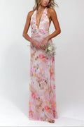 Parveen | Women's Open Back Halter Neck Floral Flowy Maxi Dress