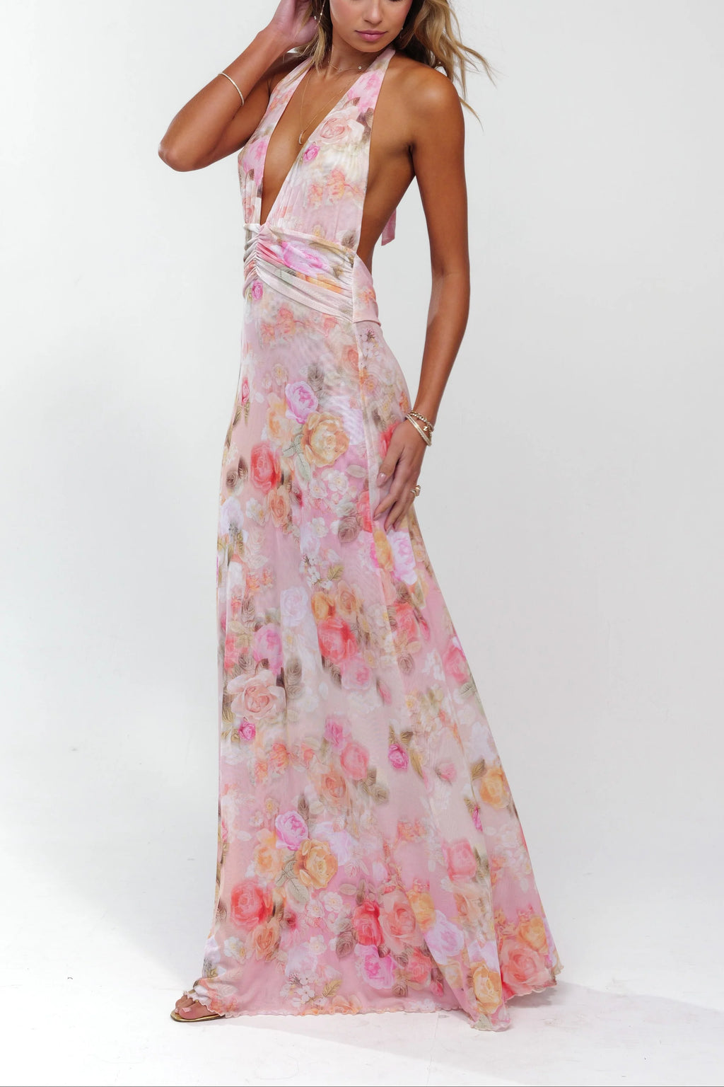 Parveen | Women's Open Back Halter Neck Floral Flowy Maxi Dress