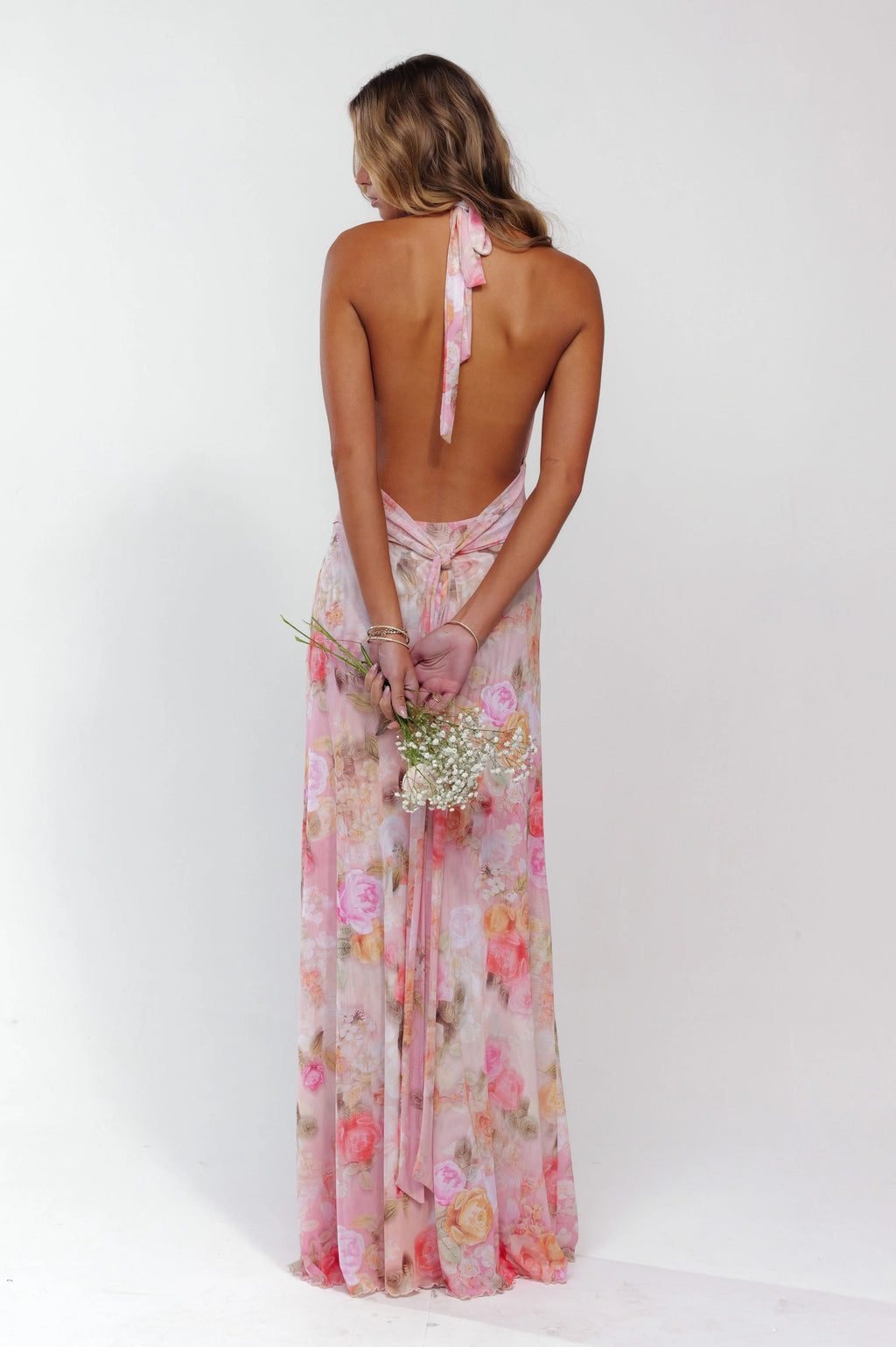 Parveen | Women's Open Back Halter Neck Floral Flowy Maxi Dress