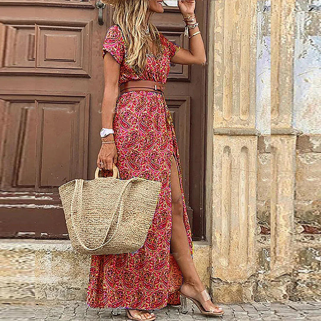 Pippa | Women's Printed Belted High Slit Flowy Maxi Dress