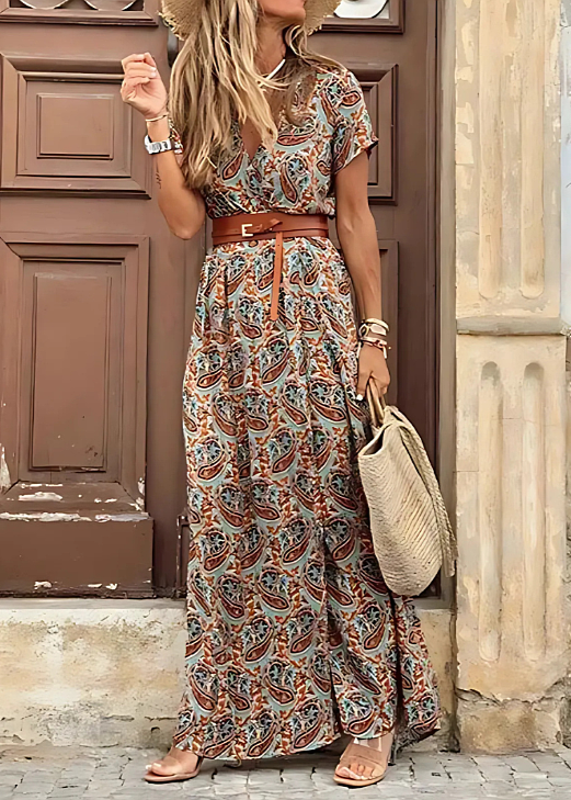 Pippa | Women's Printed Belted High Slit Flowy Maxi Dress