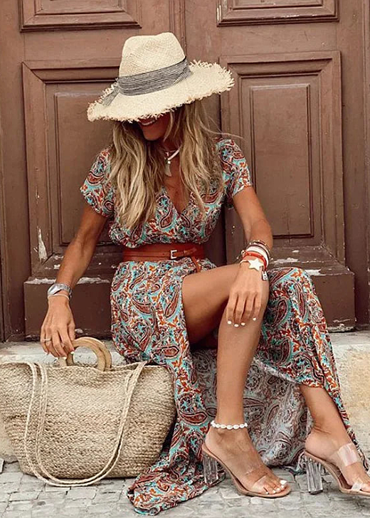Pippa | Women's Printed Belted High Slit Flowy Maxi Dress