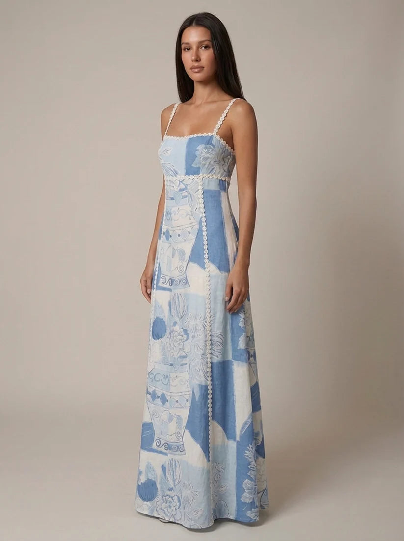 Rachael | Women's Patterned A-Line Square Neck Flowy Maxi Dress