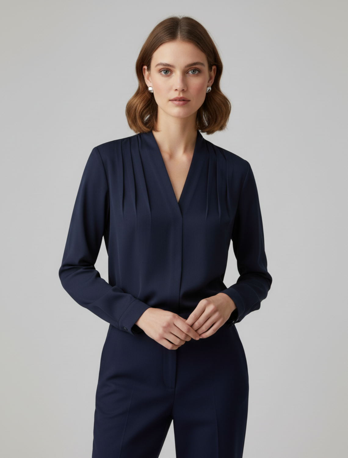 Rachelle | Women's Pleated Long Sleeve V Neck Blouse