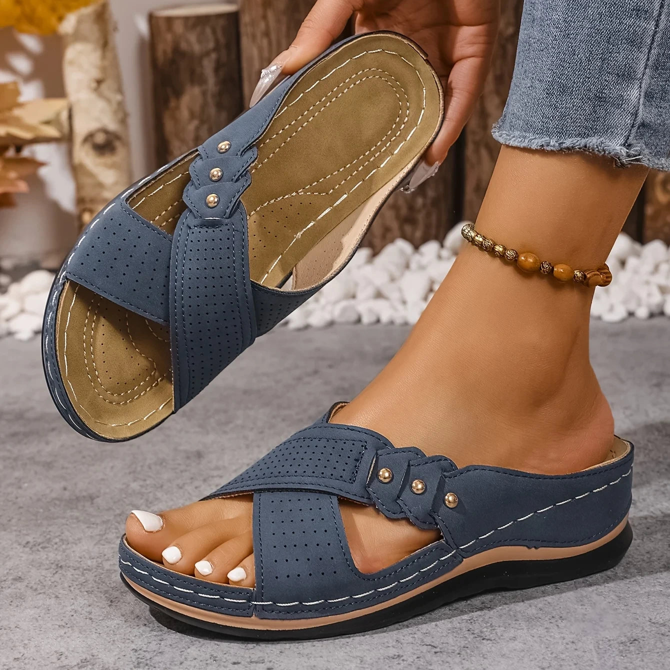 Radha | Women's Round Toe Slip On Backless Criss Cross Strap Slides
