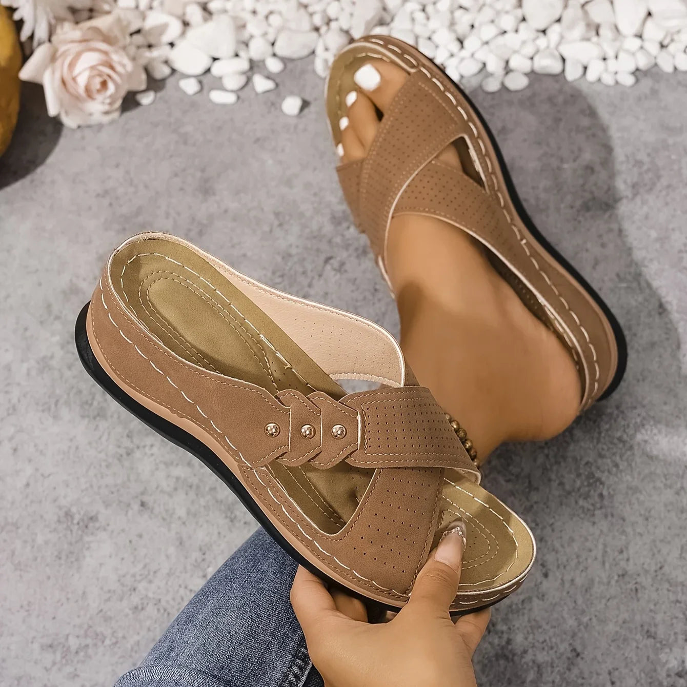 Radha | Women's Round Toe Slip On Backless Criss Cross Strap Slides