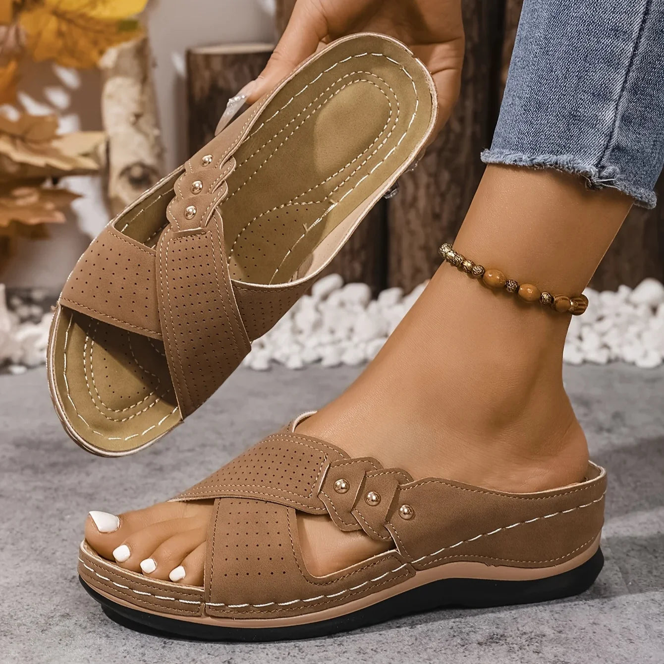 Radha | Women's Round Toe Slip On Backless Criss Cross Strap Slides