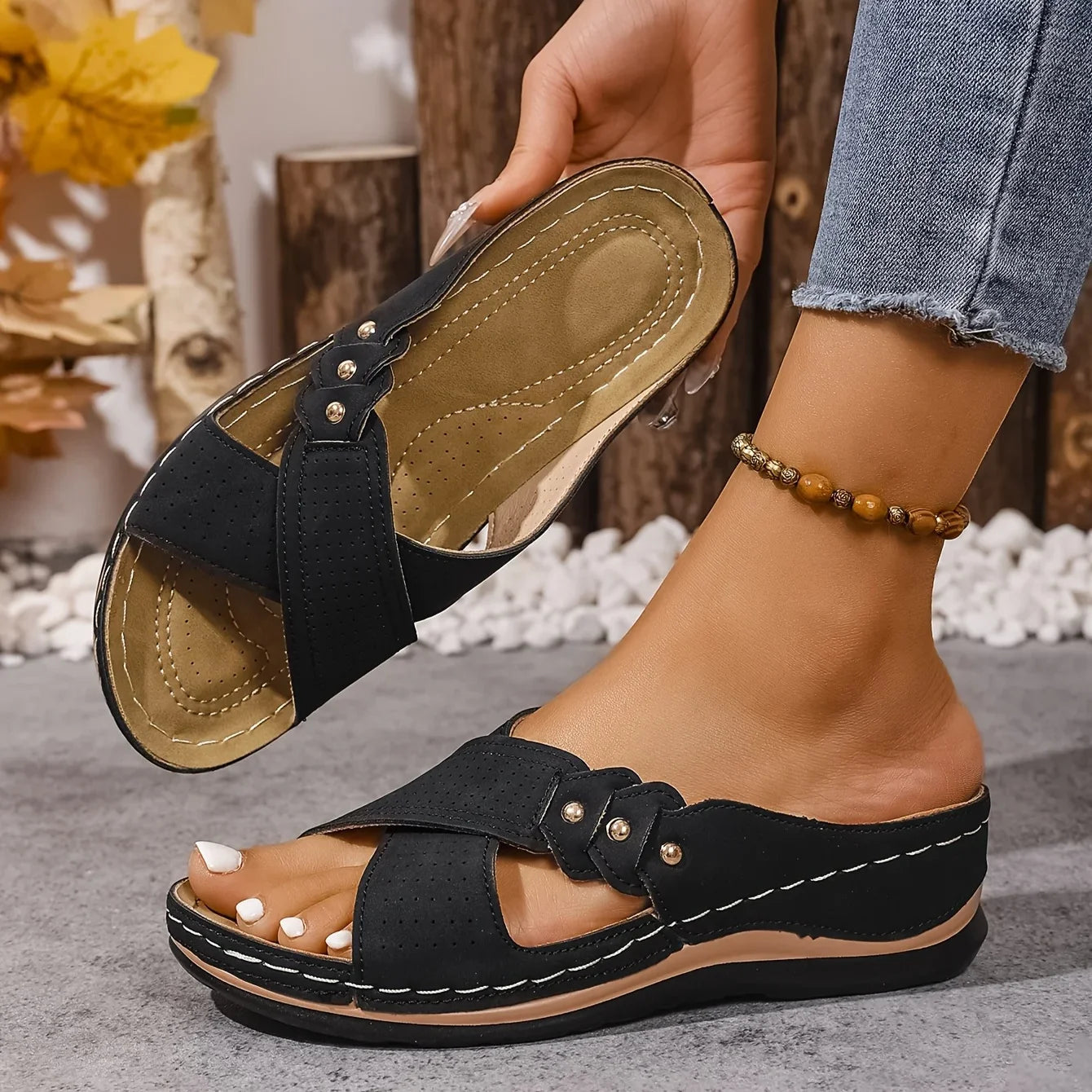 Radha | Women's Round Toe Slip On Backless Criss Cross Strap Slides