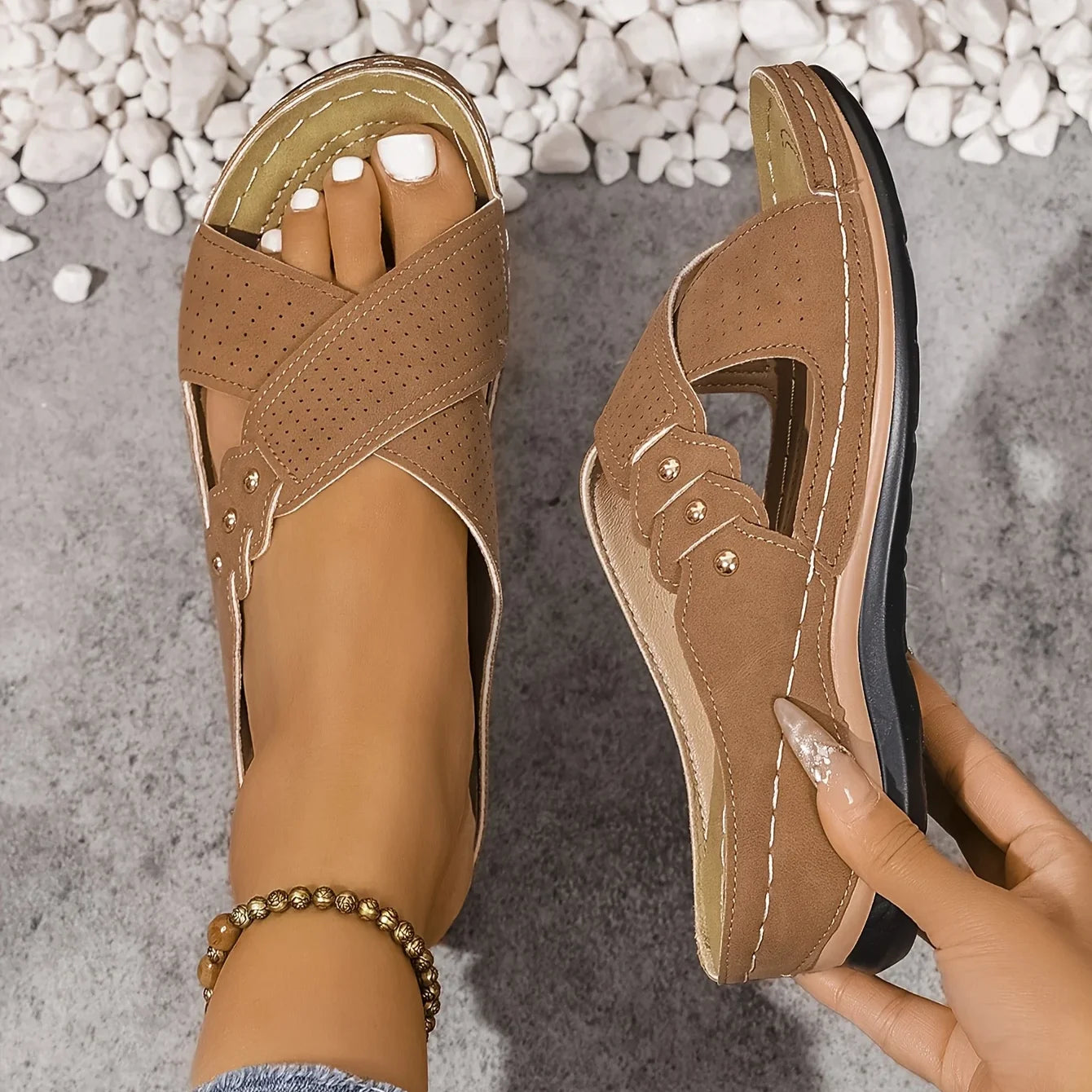 Radha | Women's Round Toe Slip On Backless Criss Cross Strap Slides