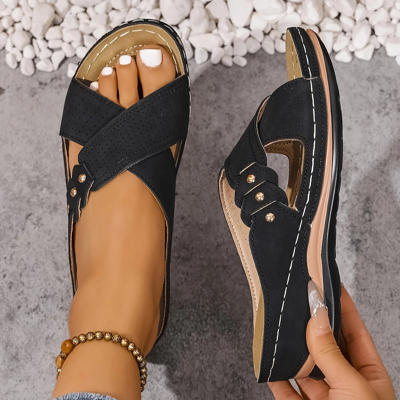 Radha | Women's Round Toe Slip On Backless Criss Cross Strap Slides