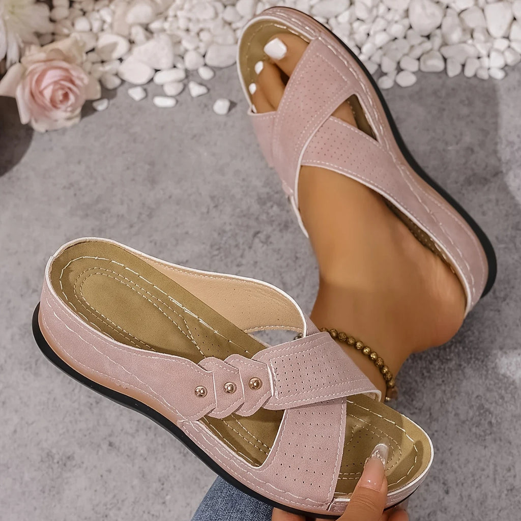 Radha | Women's Round Toe Slip On Backless Criss Cross Strap Slides