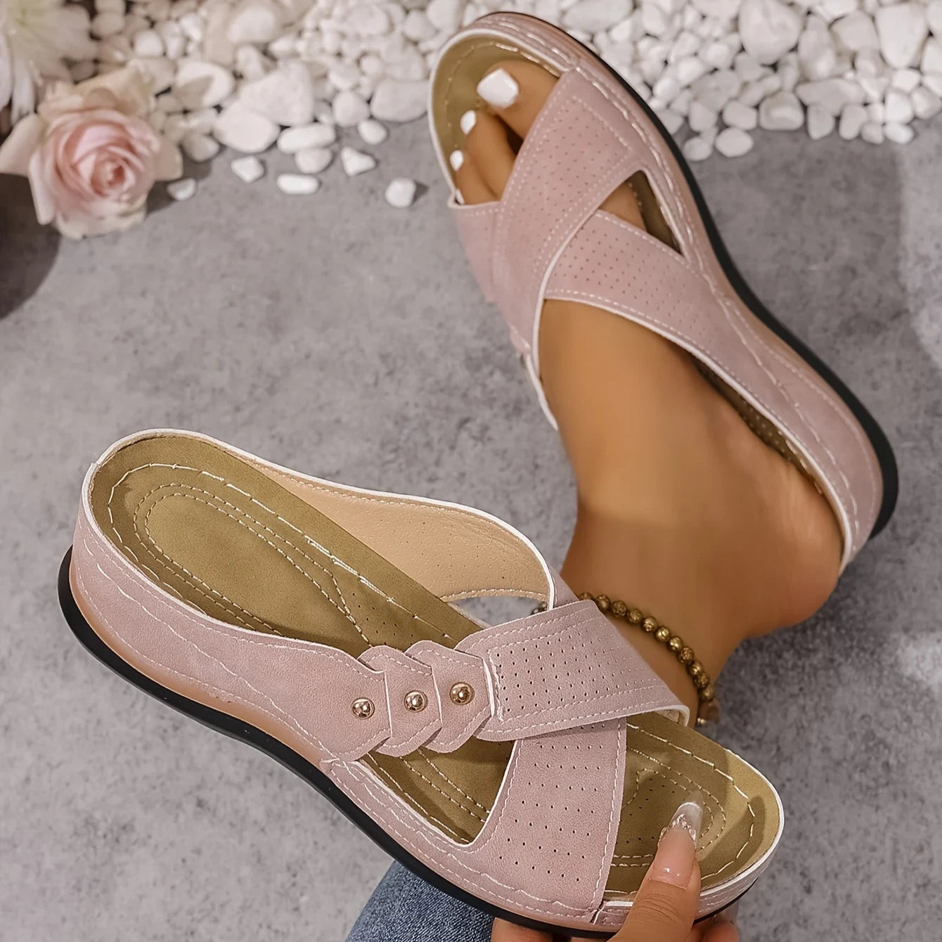 Radha | Women's Round Toe Slip On Backless Criss Cross Strap Slides