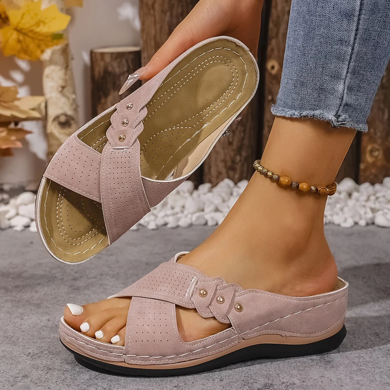 Radha | Women's Round Toe Slip On Backless Criss Cross Strap Slides
