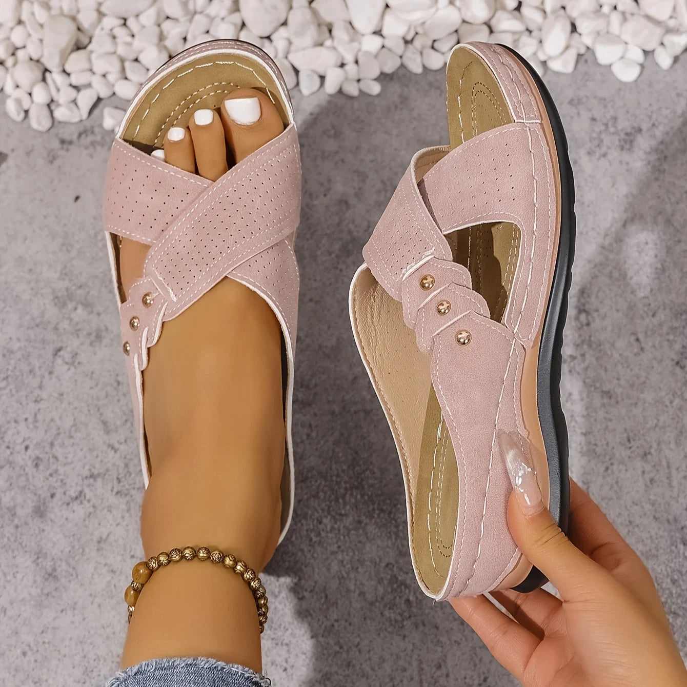 Radha | Women's Round Toe Slip On Backless Criss Cross Strap Slides