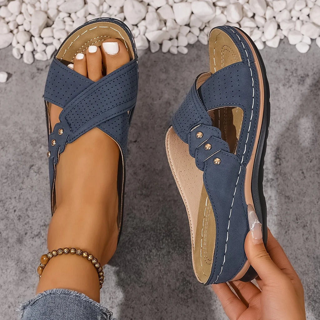 Radha | Women's Round Toe Slip On Backless Criss Cross Strap Slides