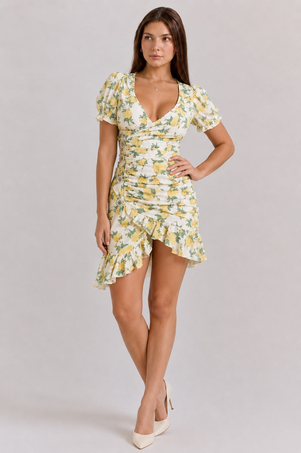 Raven | Women’s Asymmetric V Neck Puff Sleeve Mini Dress