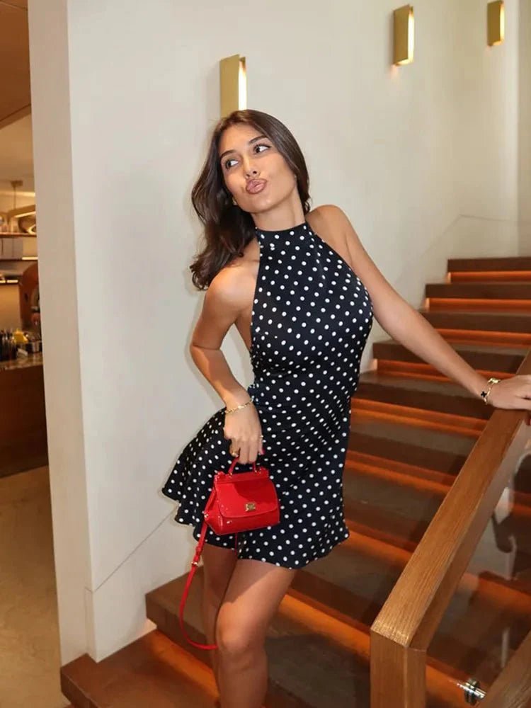 Reagan | Women’s Halter Neck Open Back Polka Dot Grad Party Mini Dress