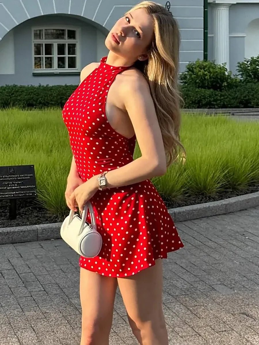 Reagan | Women’s Halter Neck Open Back Polka Dot Grad Party Mini Dress