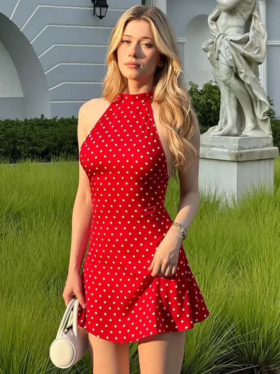 Reagan | Women’s Halter Neck Open Back Polka Dot Grad Party Mini Dress