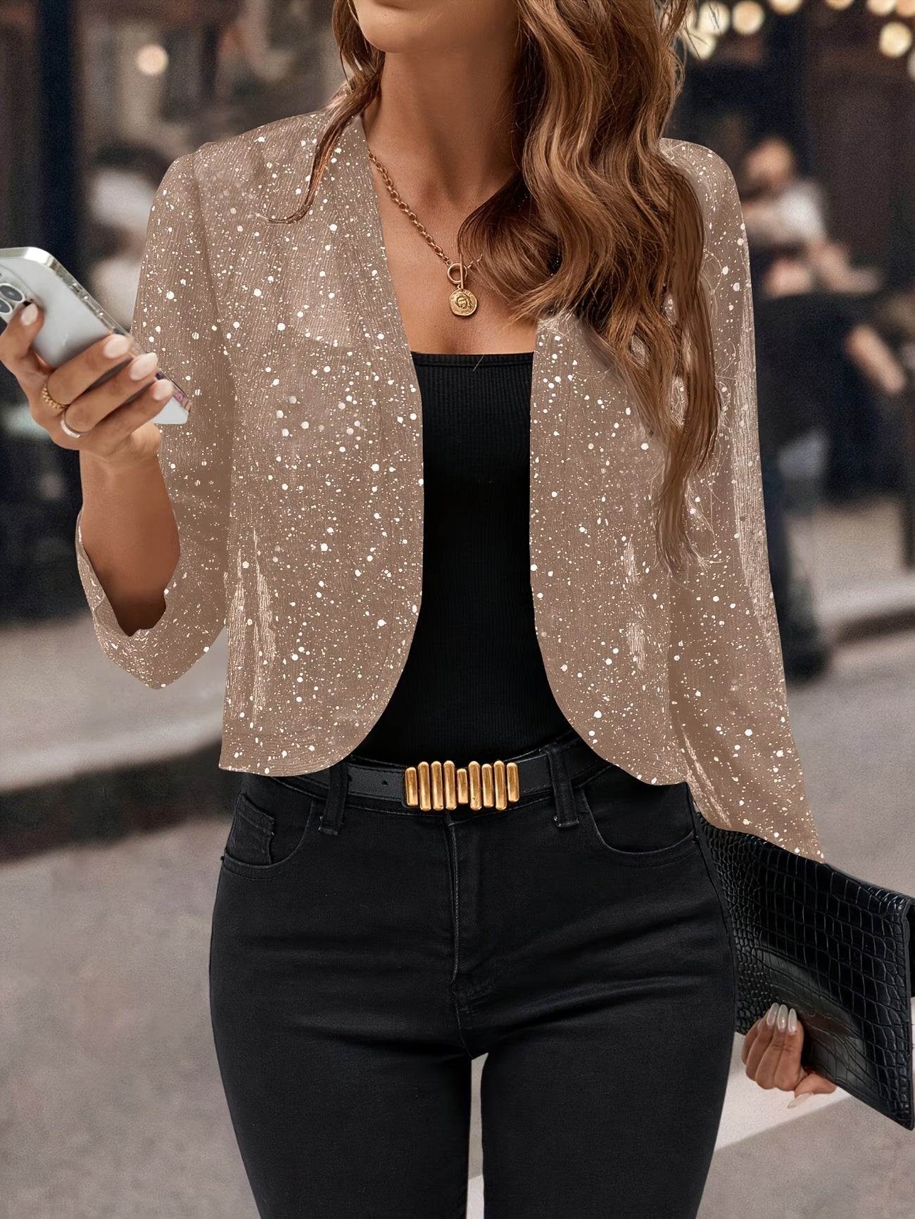 Regan | Women's Long Sleeve Open Front Cropped Length Sequin Jacket