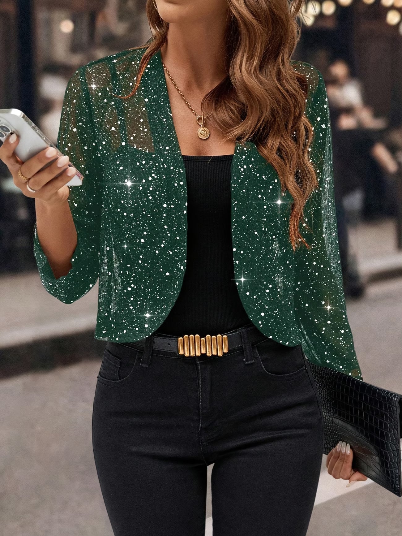 Regan | Women's Long Sleeve Open Front Cropped Length Sequin Jacket