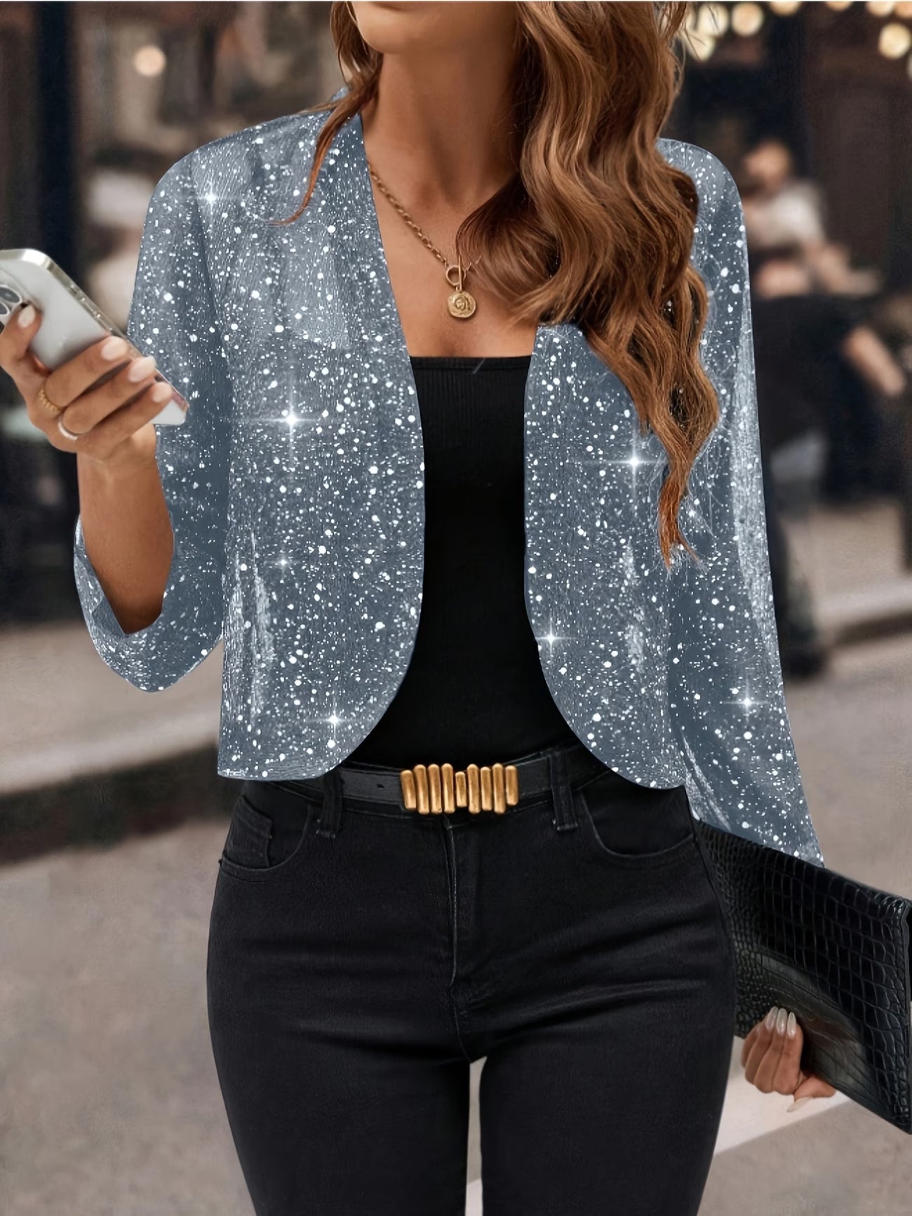 Regan | Women's Long Sleeve Open Front Cropped Length Sequin Jacket