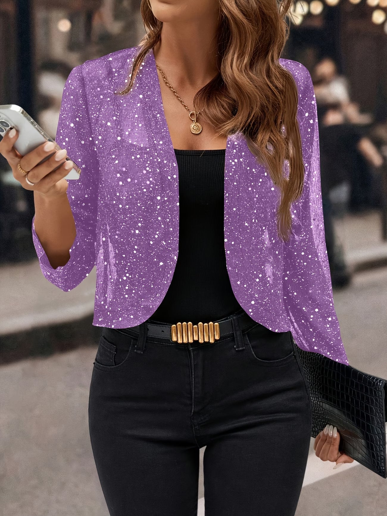 Regan | Women's Long Sleeve Open Front Cropped Length Sequin Jacket