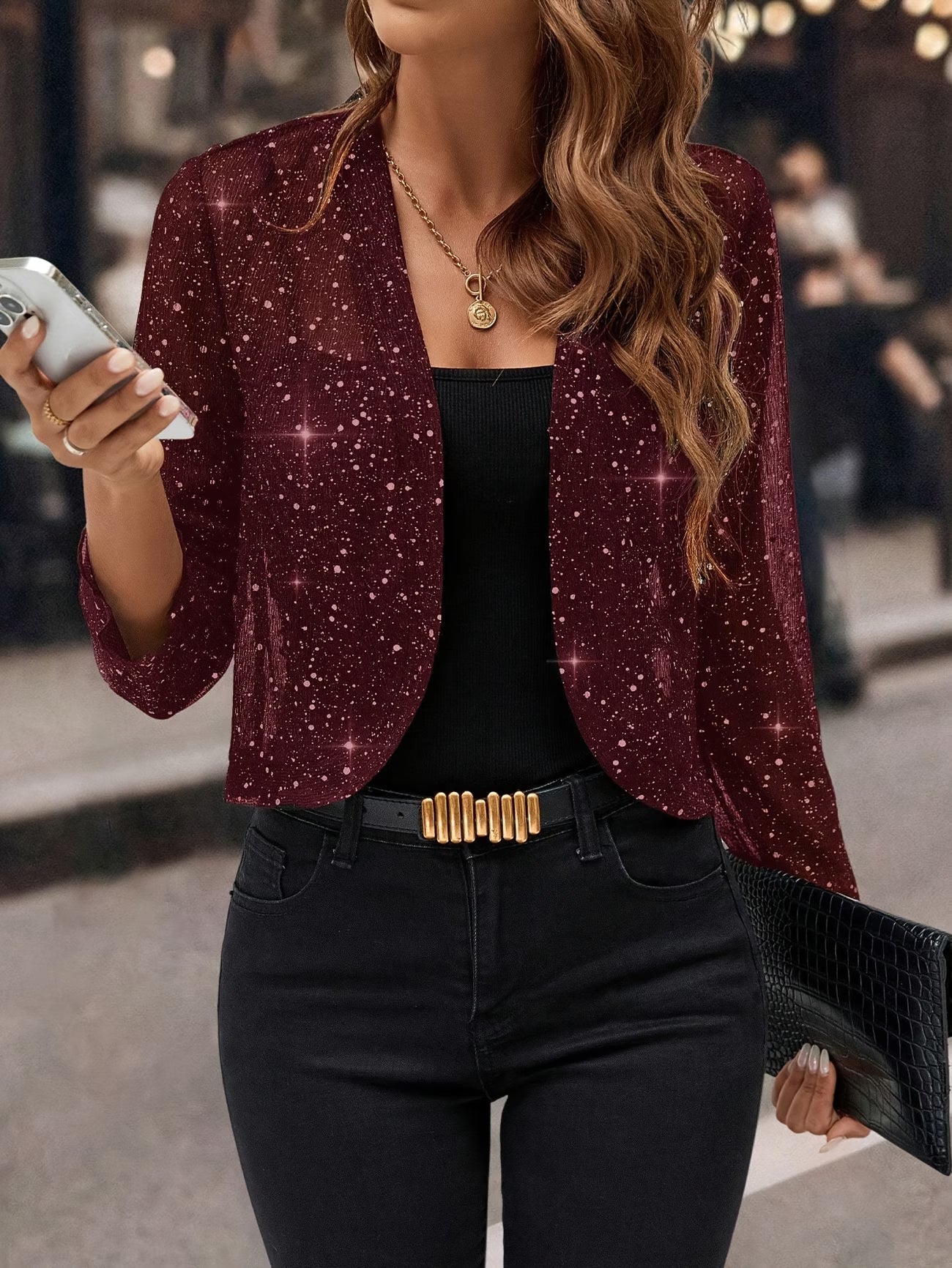 Regan | Women's Long Sleeve Open Front Cropped Length Sequin Jacket