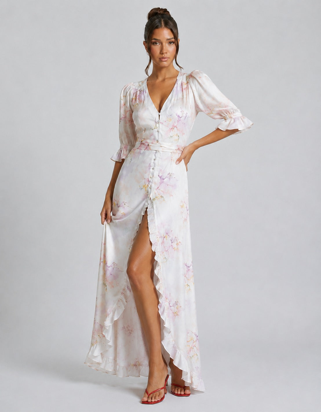 Renata | Women’s Floral High Slit Bishop Sleeve Maxi Dress