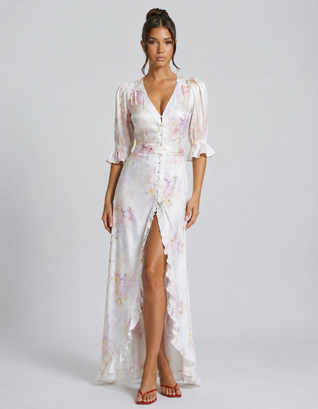 Renata | Women’s Floral High Slit Bishop Sleeve Maxi Dress