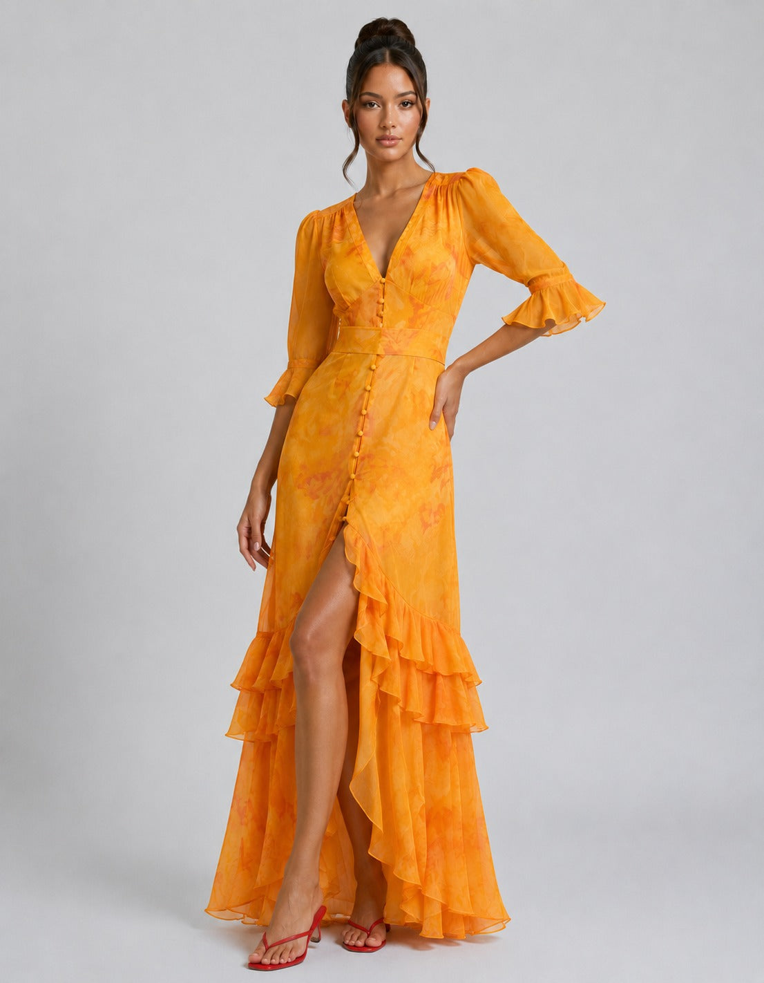 Renee | Women’s V Neck Tiered Ruffled Bishop Sleeve Maxi Dress