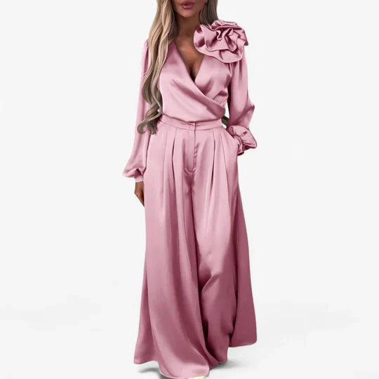 Roisin | Women’s Wide Leg V Neck Long Sleeve Two Piece Set