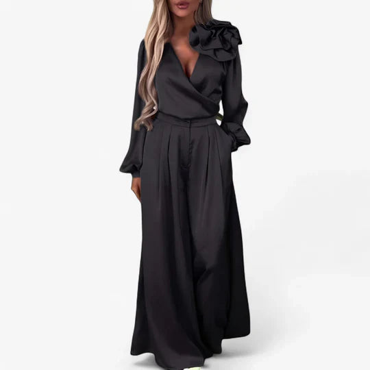 Roisin | Women’s Wide Leg V Neck Long Sleeve Two Piece Set