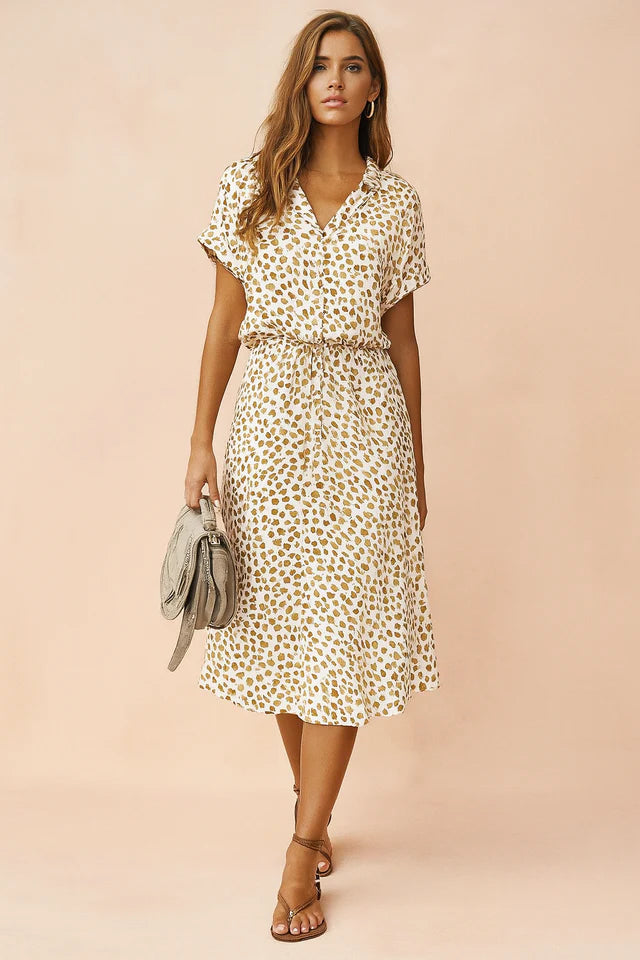 Samira | Women’s Short Sleeve V Neck Waist Tie Flowy Midi Dress