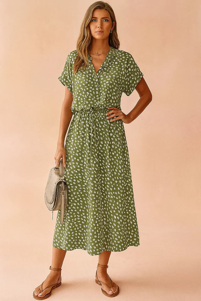 Samira | Women’s Short Sleeve V Neck Waist Tie Flowy Midi Dress