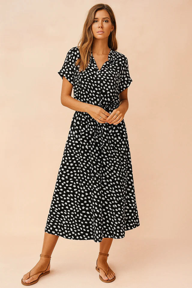 Samira | Women’s Short Sleeve V Neck Waist Tie Flowy Midi Dress